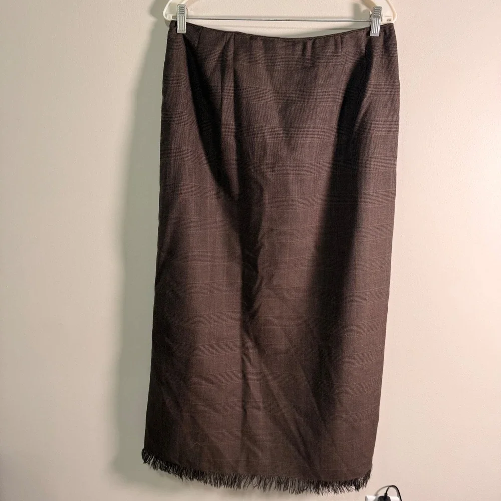 Harve Benard Sport Vintage Brown Glen Plaid 100% Wool Fringe Midi Skirt Size 14